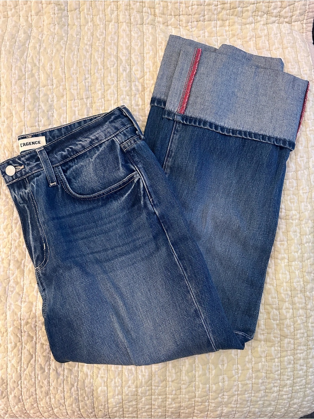 L'AGENCE Mid-Blue Cropped Ankle Jeans with Selvedge Detail